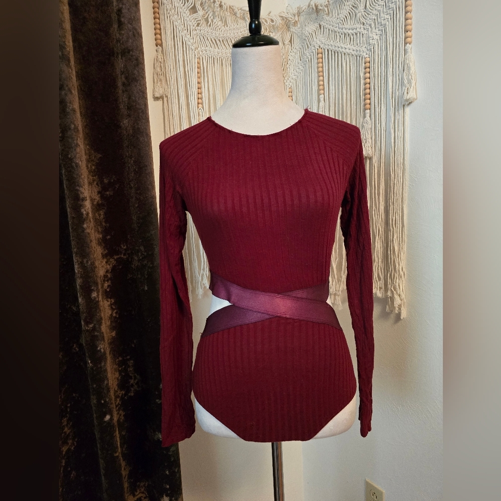 Free People Burgundy Long Sleeve, Cut Out Bodysuit